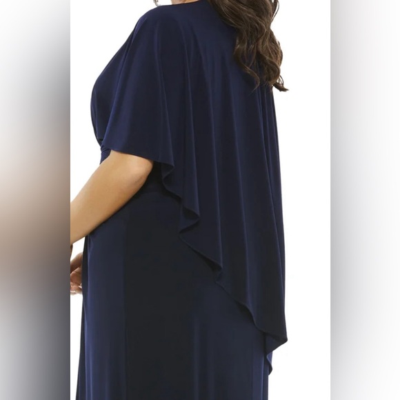 Mac Duggal Navy Blue Jersey Cape Sleeve Ruched A-Line Gown Size 18W $398 - Picture 5 of 6
